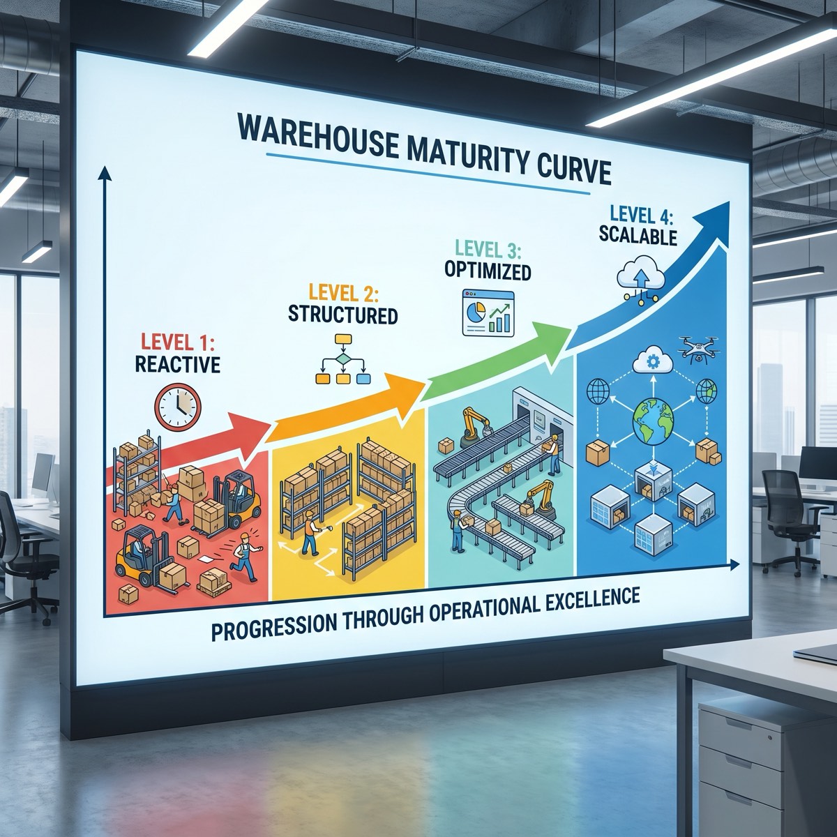 Warehouse operations team reviewing process and inventory metrics on the floor — assessing operational readiness before a WMS or automation investment