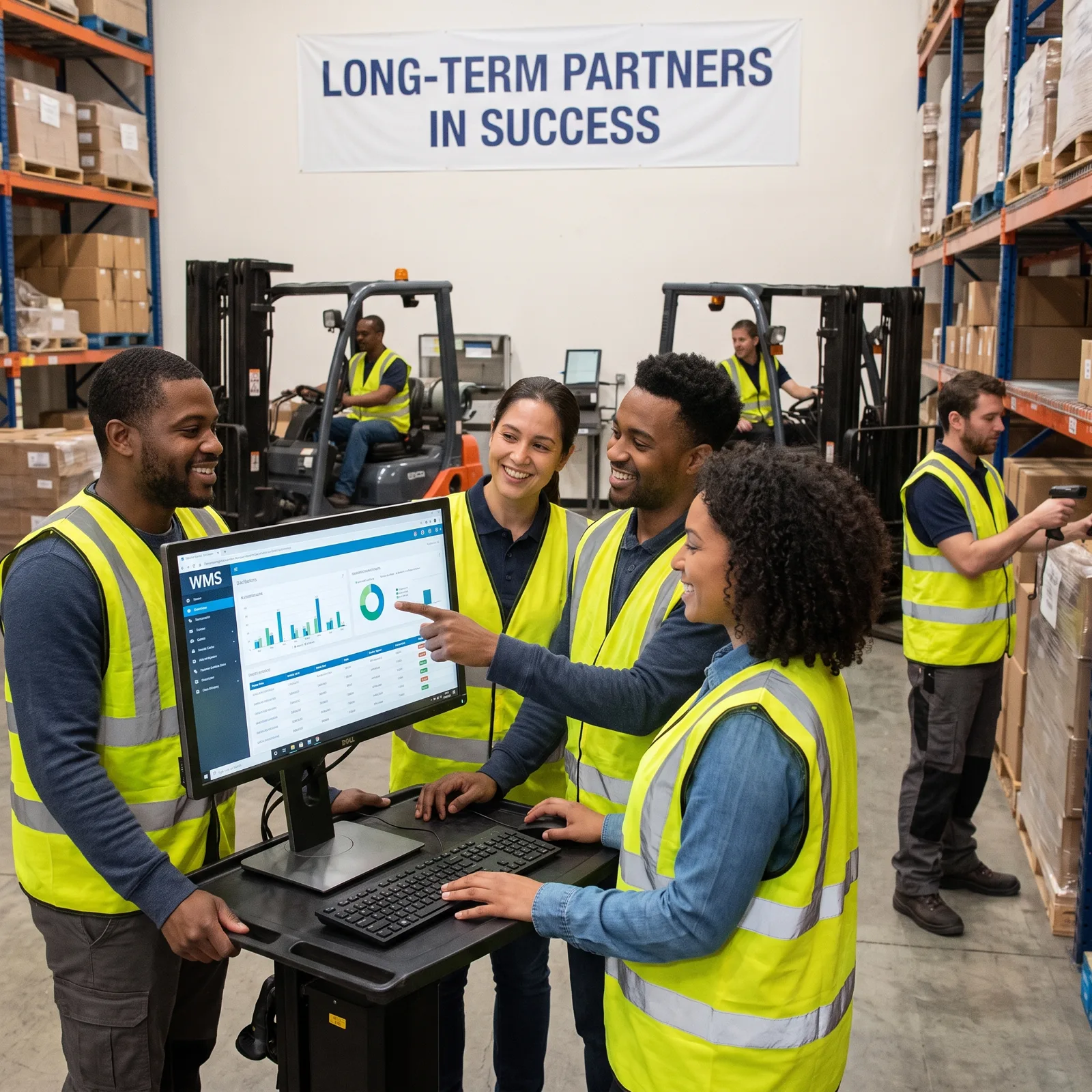 A warehouse team gathered around a WMS dashboard on a monitor, with forklift operators working in the background and a Long-Term Partners in Success banner overhead