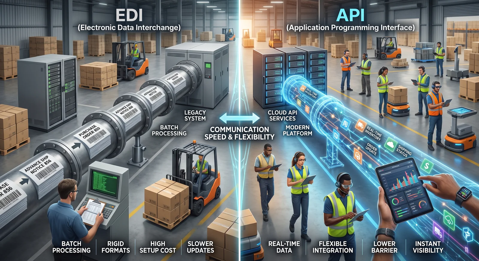 APIs vs EDI in warehouse operations — a hybrid integration approach connecting cloud applications and trading-partner document exchange