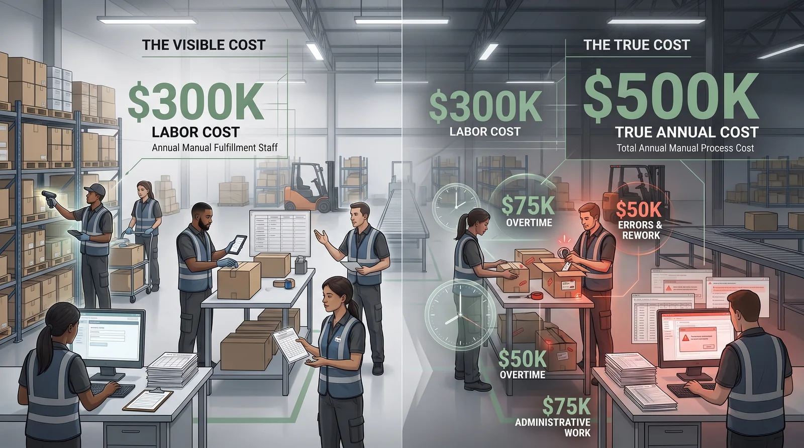 Side by side comparison of the visible cost of a manual fulfillment workflow, $300,000 in annual labor, against its true annual cost of $500,000 once overtime, errors and rework, and administrative work are included.