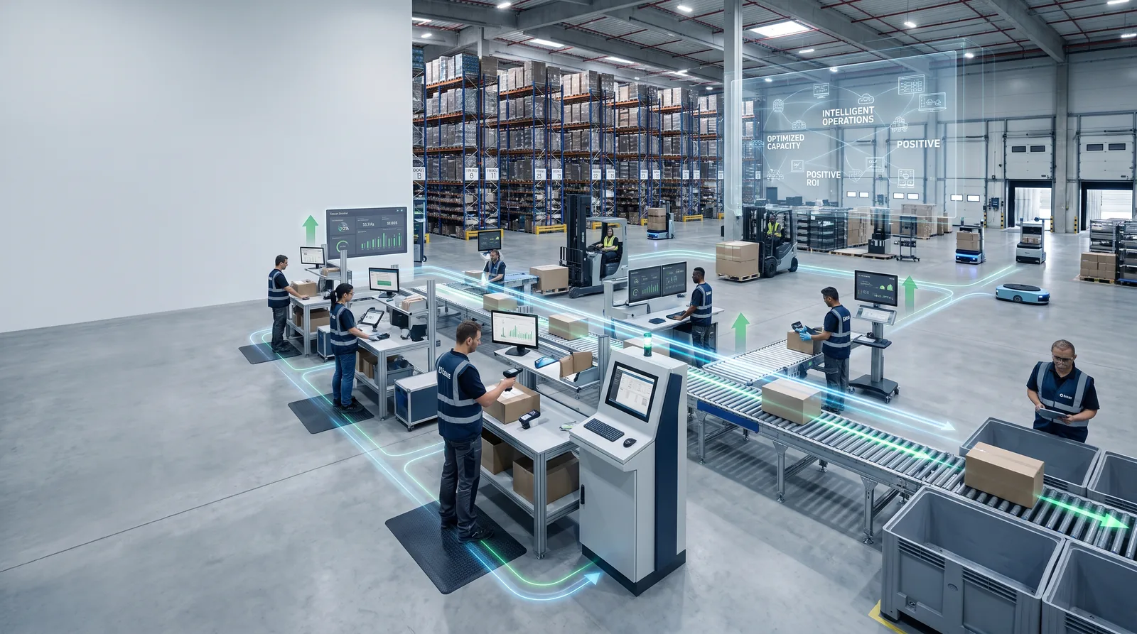 Connected warehouse operation with workers at scanning stations, conveyors and automated equipment, overlaid with intelligent operations and optimized capacity indicators