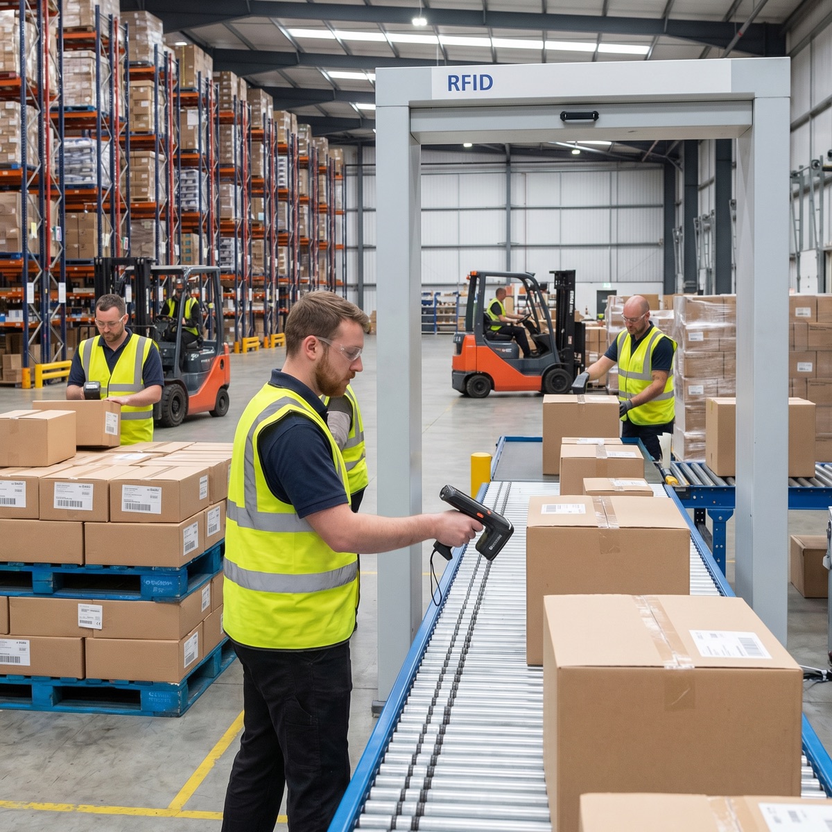 RFID supply chain compliance — warehouse workers scanning packages through RFID portal