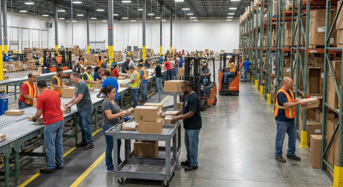 3PL fulfillment floor — workers packing orders with automated conveyor and forklift support