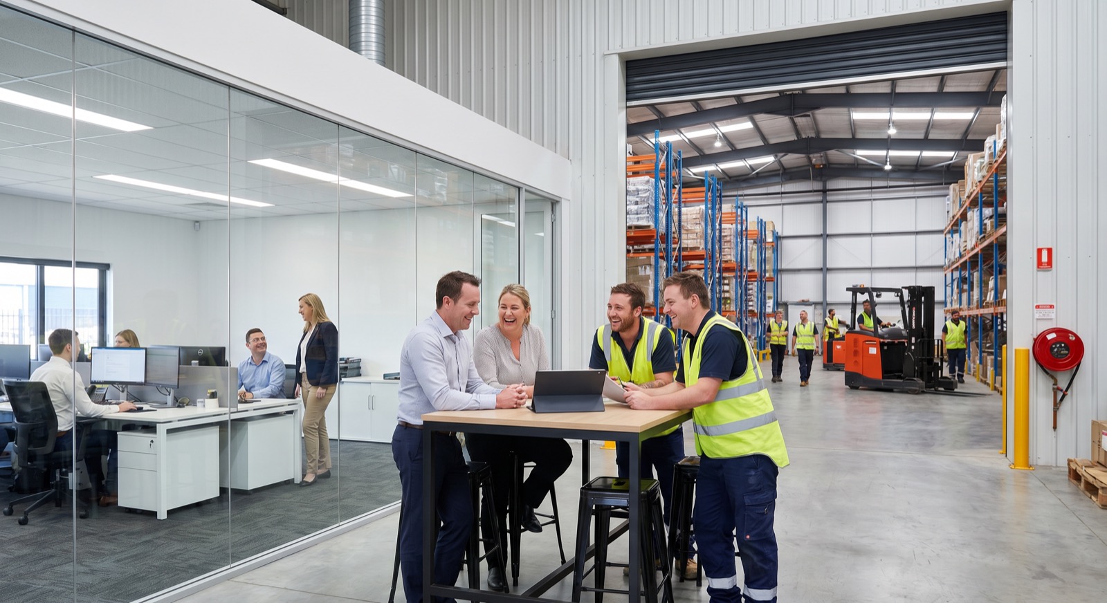 SC Codeworks meeting with Kiser Harriss warehouse and office leadership on the operations floor — SAP ↔ Codeworks Enterprise WMS integration kickoff for Envalior account