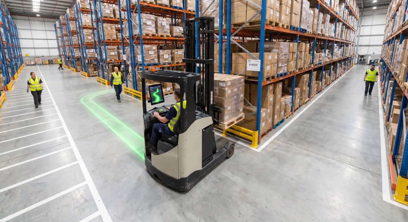 Codeworks Enterprise directed putaway in a 3PL warehouse aisle — reach truck following a green floor guide between racks of cartons toward the system-assigned slot