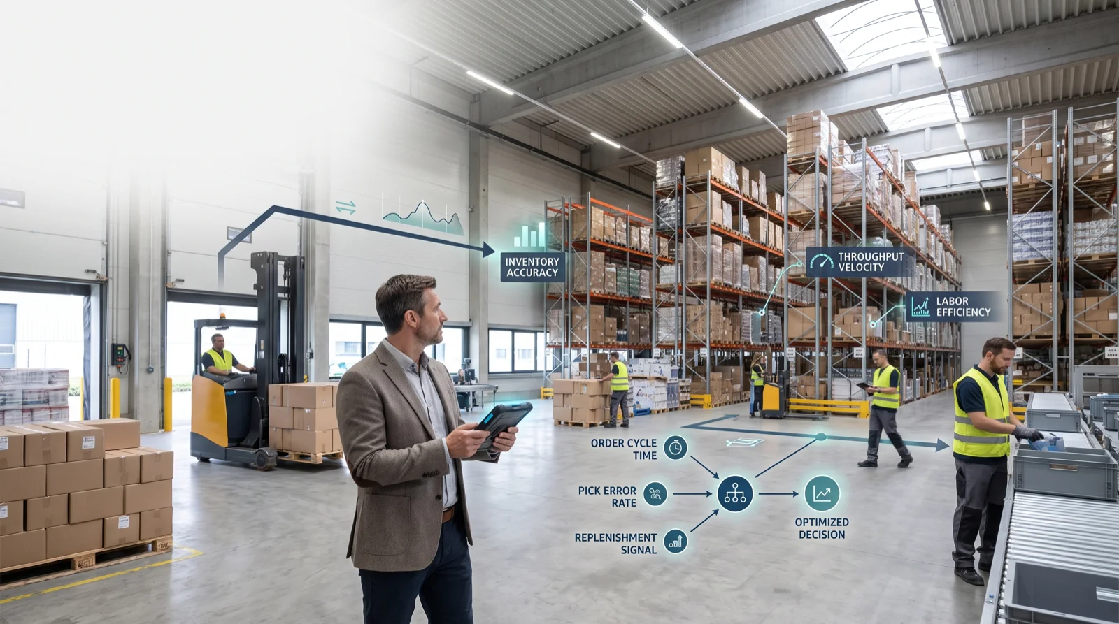 Warehouse manager reviewing AI-driven inventory accuracy, throughput velocity and labor efficiency overlays in an active warehouse aisle, with order cycle time, pick error rate and replenishment signal inputs feeding an optimized decision